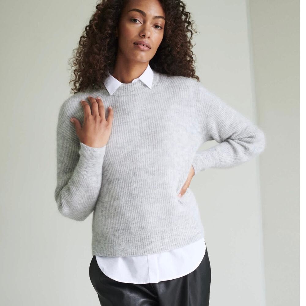 Quince Baby Alpaca Wool Diamond Stitch Crew Neck Sweater Light Grey Size Small